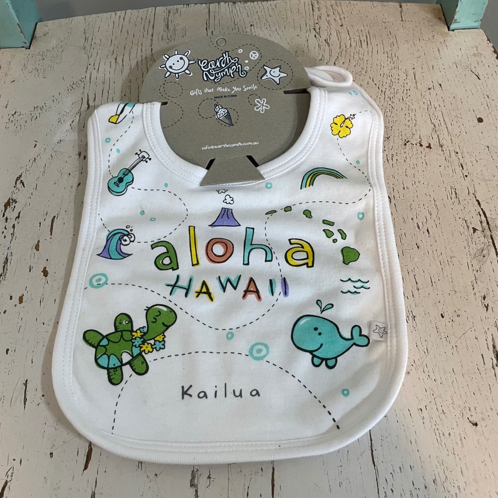 Earth Nymph Aloha Hawaii Baby Bib White Cotton Sea Turtle Whale Kailua OS NEW